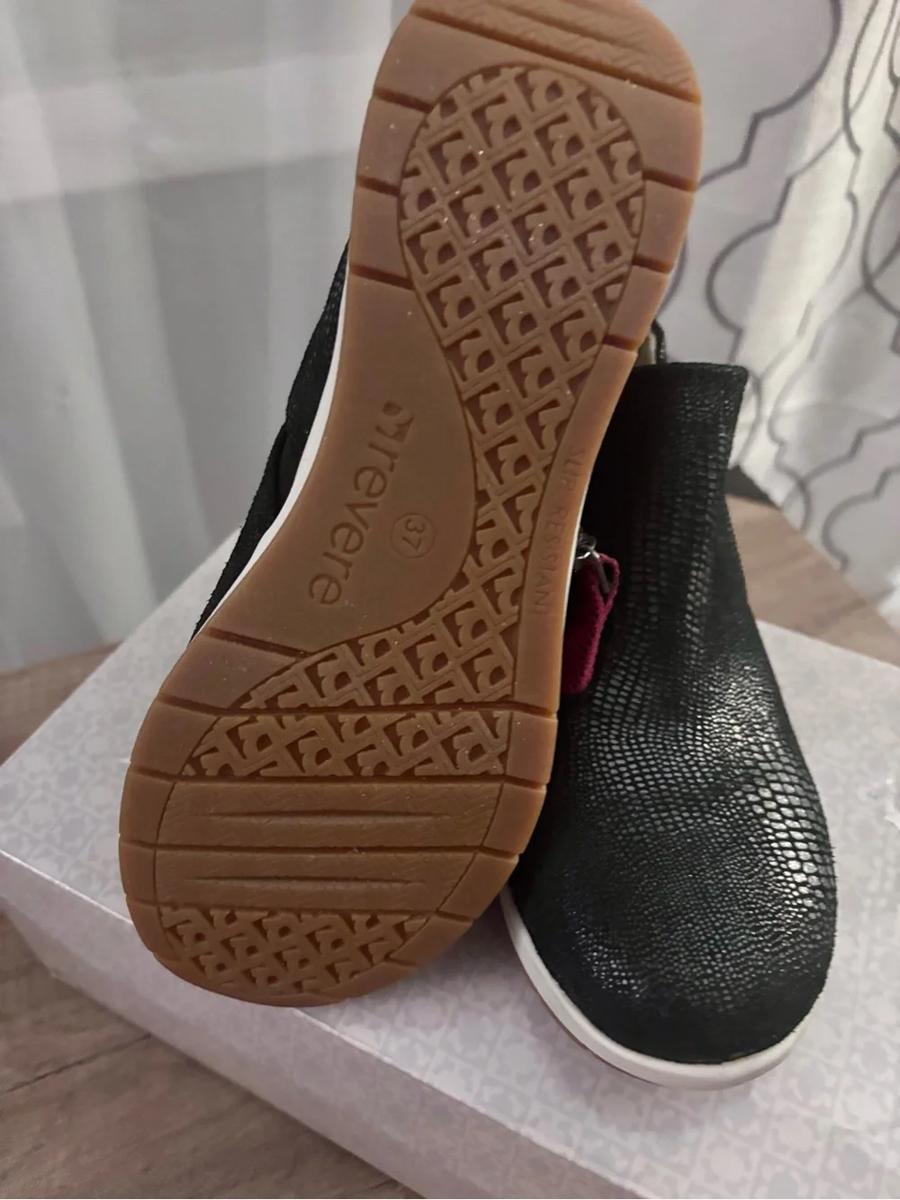 Reverse Black Slip-On Ankle Booties with Pink Pull Tabs